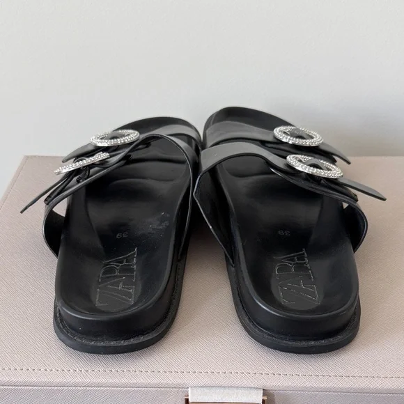 Zara Black Slides with Rhinestone Buckles - Picture 3 of 5